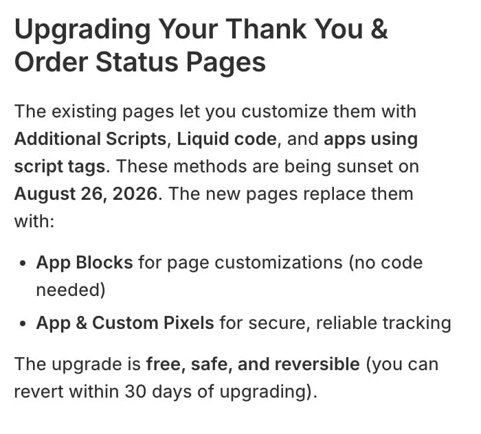 Пояснення Shopify: Additional Scripts, Liquid code та apps using script tags виводяться з експлуатації 26 серпня 2026; заміна — App Blocks та App & Custom Pixels; апгрейд безкоштовний, безпечний і зворотний протягом 30 днів